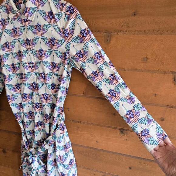 Untuckit Stretch Cotton Midi Peyton Shirtdress 2 Swan Print Bird Belted Buttons - Picture 5 of 6